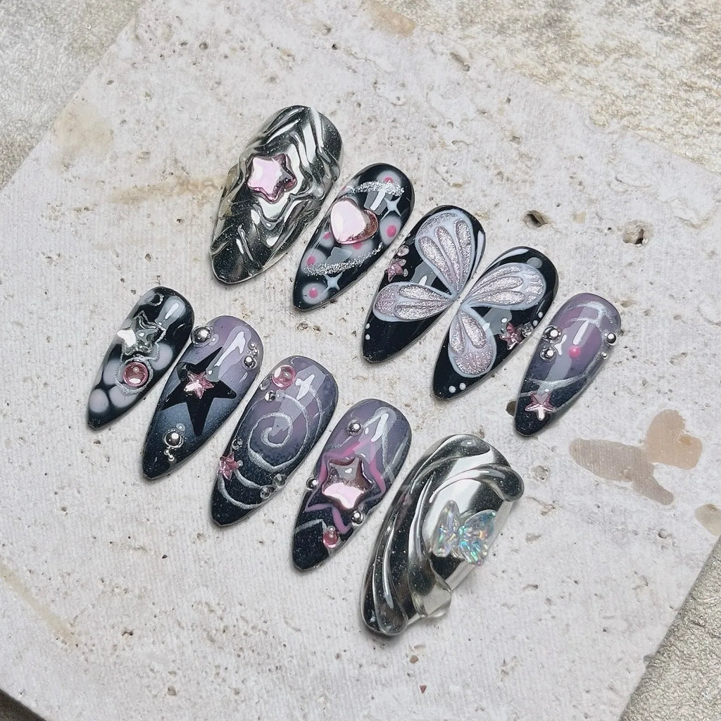 Handmade Black Cyberpunk Star Butterfly Chrome Silver Press on Nails N23