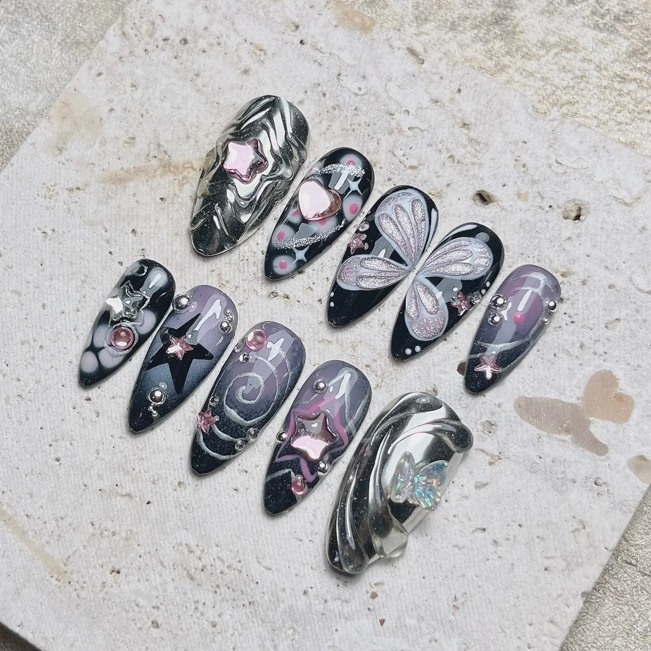Handmade Black Cyberpunk Star Butterfly Chrome Silver Press on Nails N23