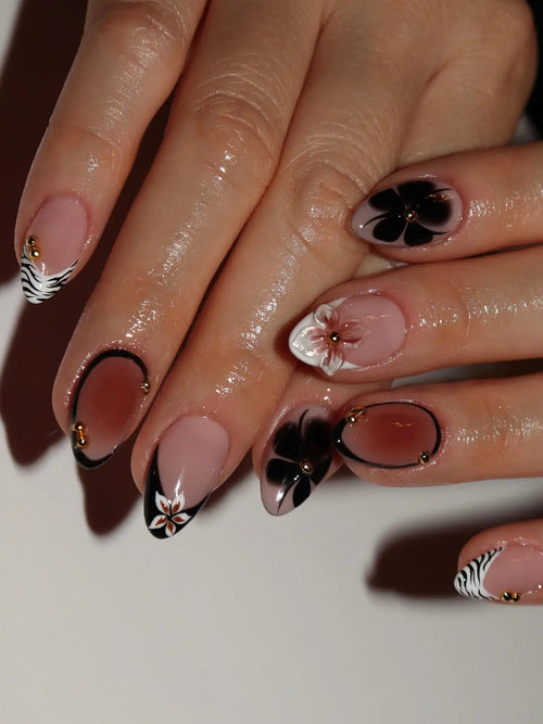Handmade Black Floral Ombre Zebra Print Dark Chic Design Press on Nails V05