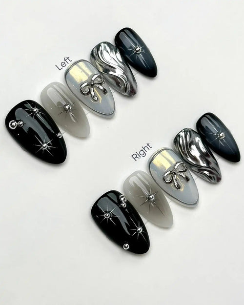 Handmade Black Gray Silver Chrome Wave Bow Dark Edgy Fashion Fake Nails T79