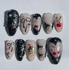 Handmade Black Pink Cherry Bow Pearl Glitter Heart Edgy Press on Nails Z69