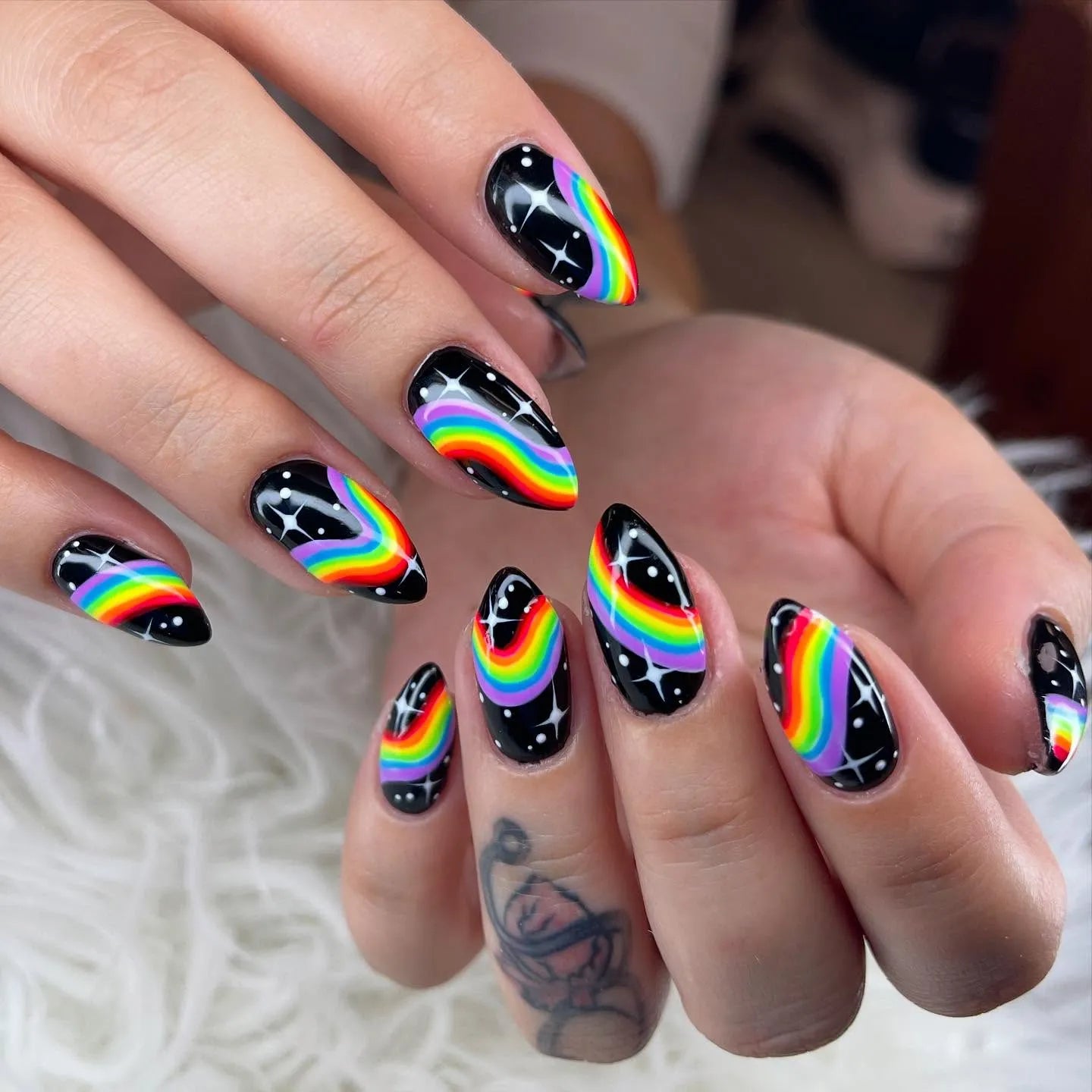 Handmade Black Rainbow Galaxy Starry Space Celestial Art Press on Nails V95