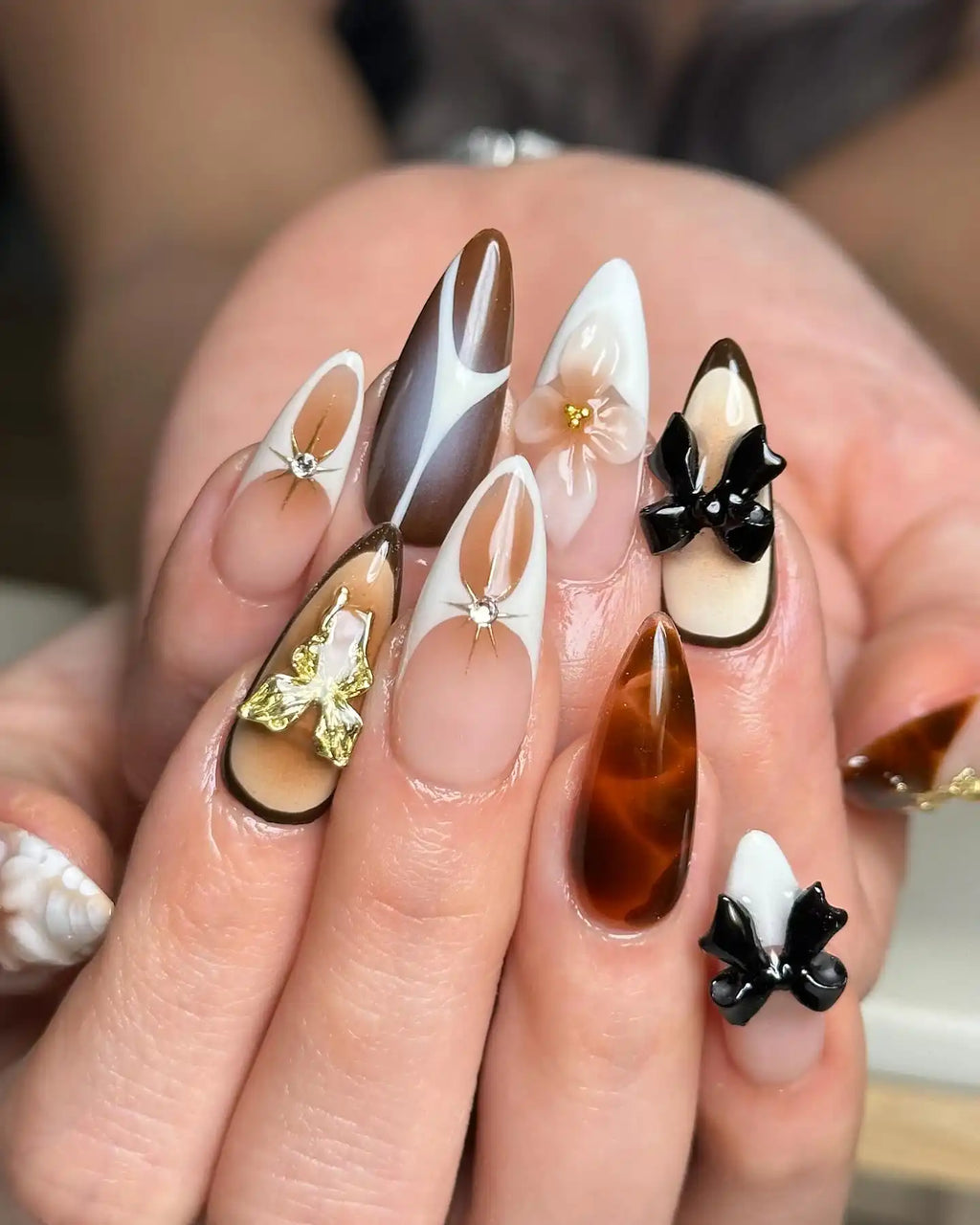 Handmade Black Ribbon 3D Flowers and Gold Press on Nails M81