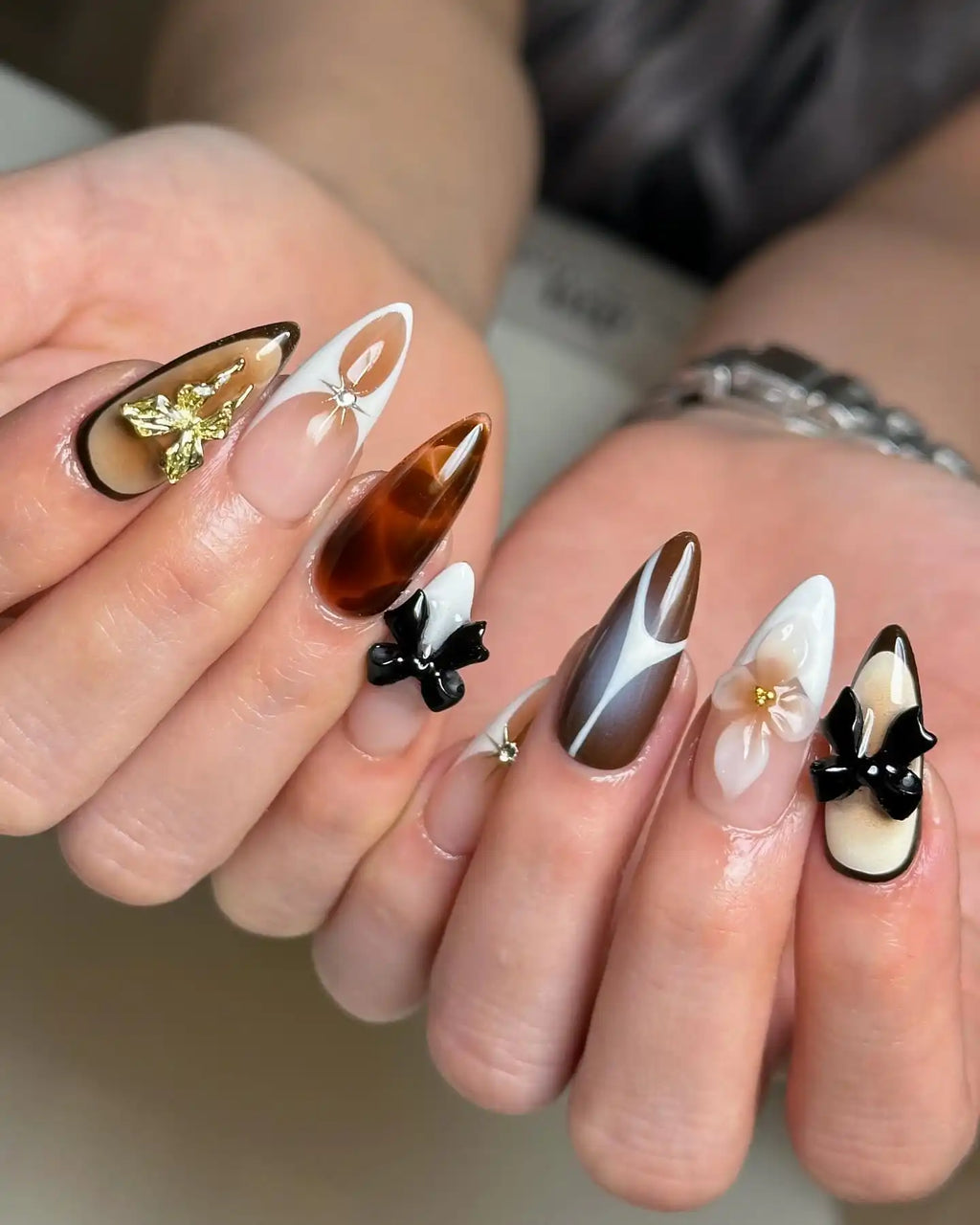 Handmade Black Ribbon 3D Flowers and Gold Press on Nails M81
