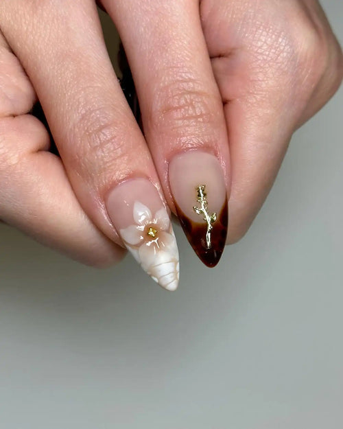 Handmade Black Ribbon 3D Flowers and Gold Press on Nails M81