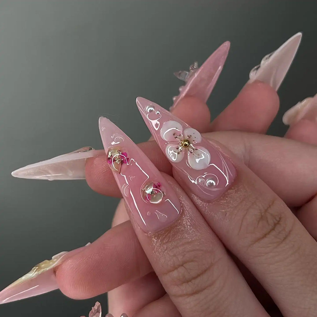 Handmade Blossom Butterfly with Pearls 3D Press on Nails T03