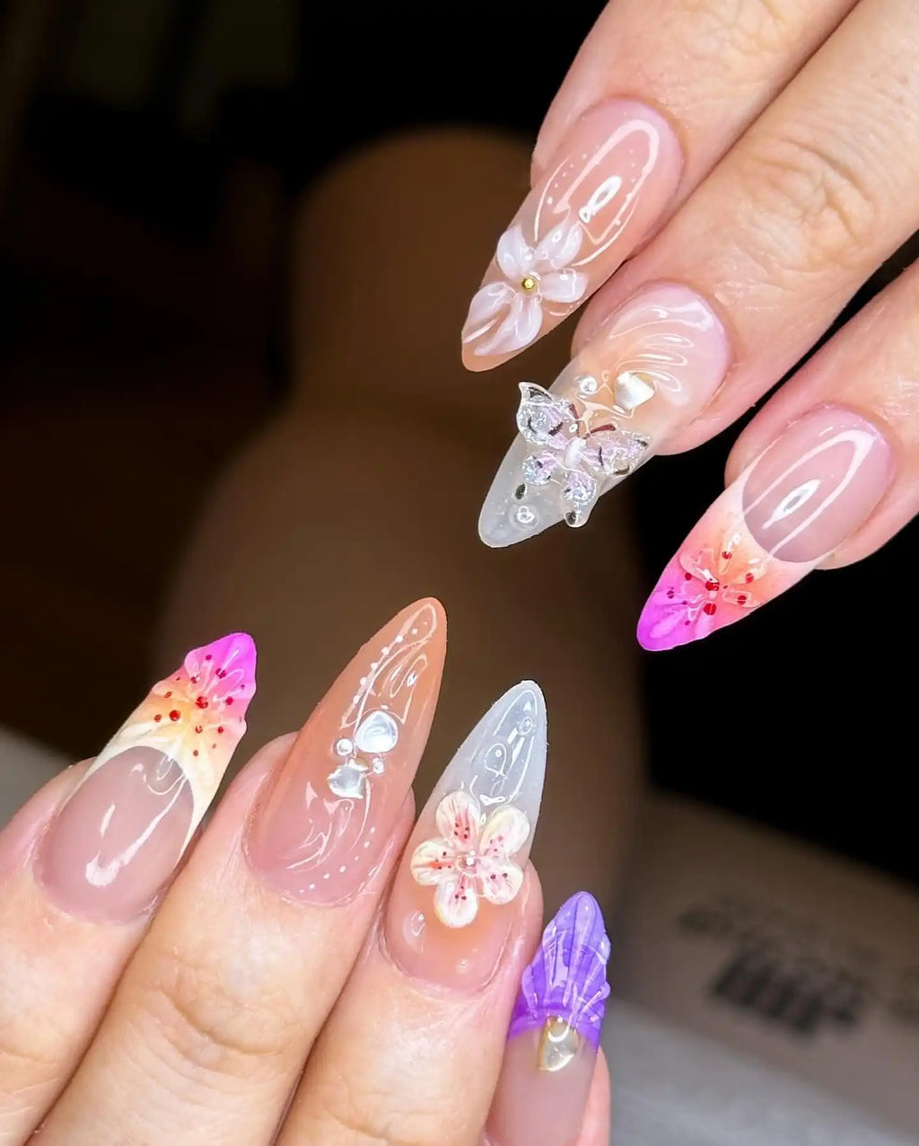 Handmade Blossom Mermaid with 3D Butterfly Press-on Nails P44