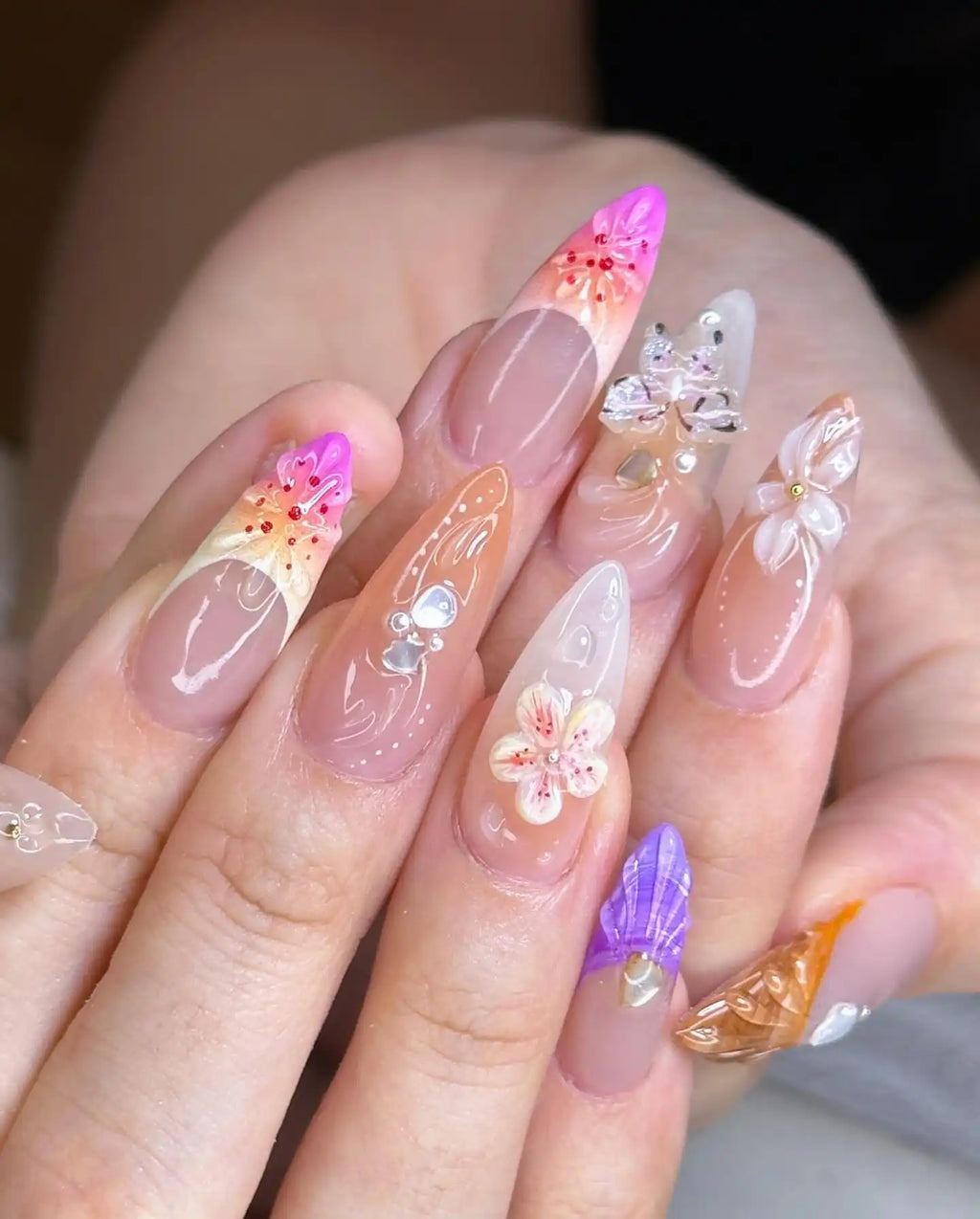 Handmade Blossom Mermaid with 3D Butterfly Press-on Nails P44