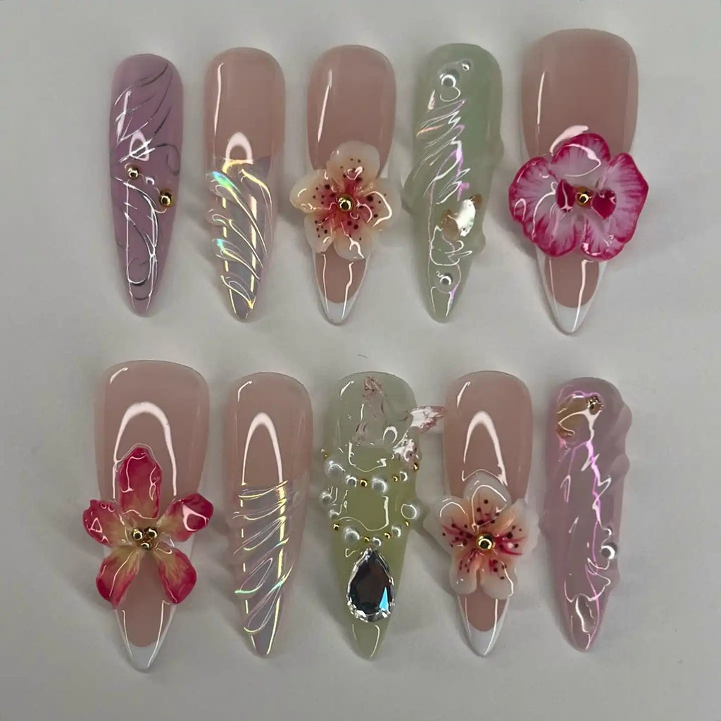 Handmade Blossom Pearls Glitter Press on Nails D79