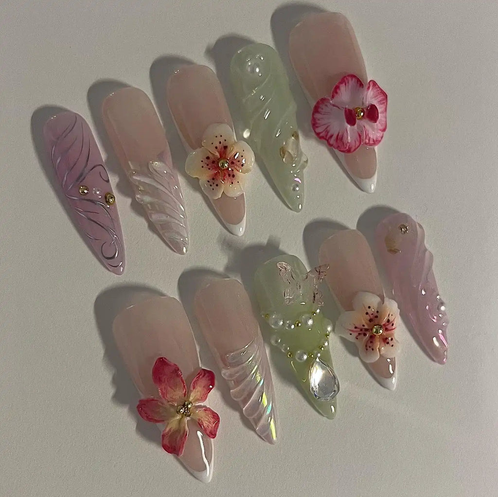 Handmade Blossom Pearls Glitter Press on Nails D79