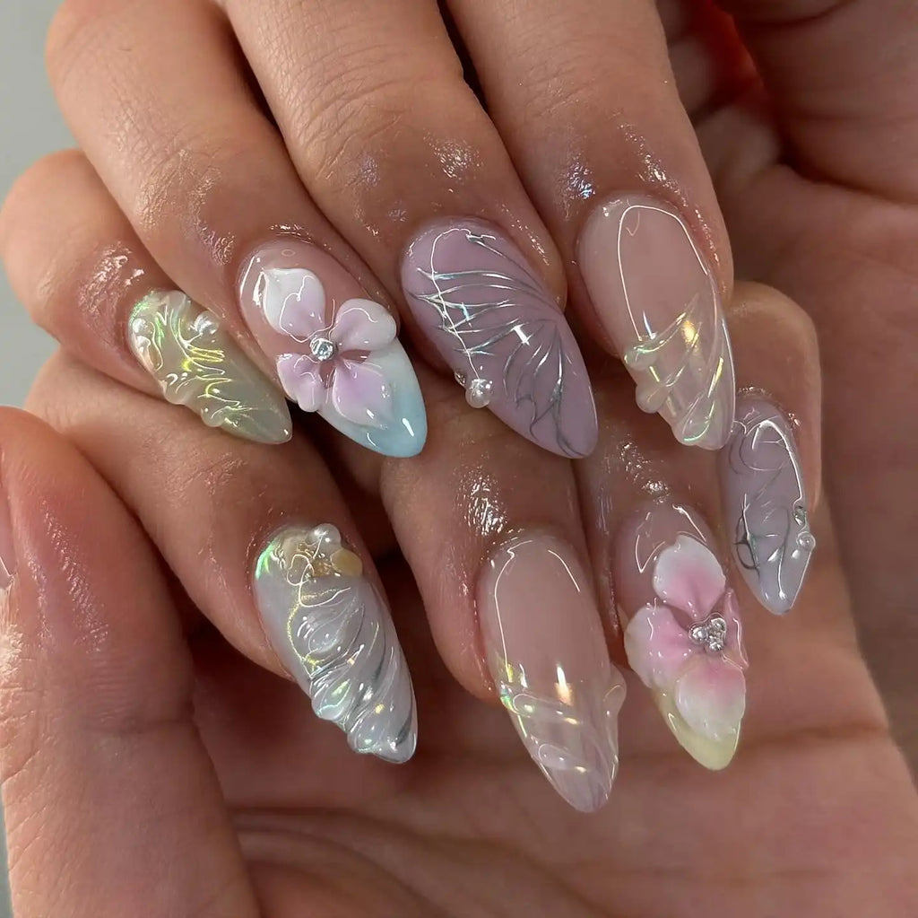 Handmade Blossom Silver Butterfly 3D Press on Nails W86