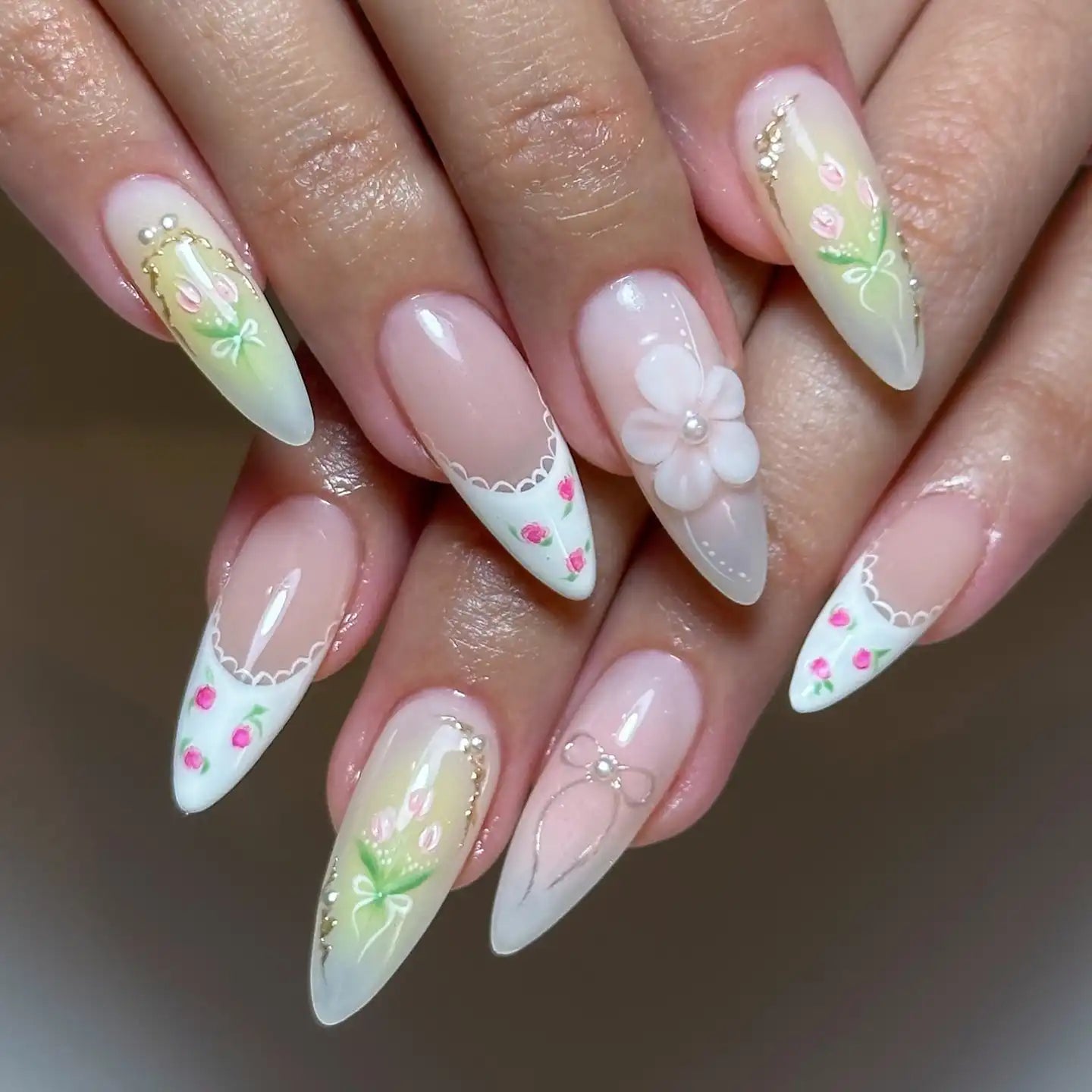 Handmade Blossom Strawberry French Tip Pretty Fake Nails Y97