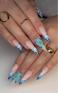 Handmade Blue Abstract Butterfly French Tip 3D Floral Press on Nails T42
