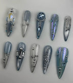 Handmade Blue Chrome Jewel Silver Metallic Glam Press on Nails V25
