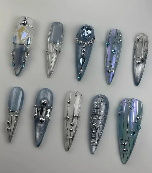 Handmade Blue Chrome Jewel Silver Metallic Glam Press on Nails V25