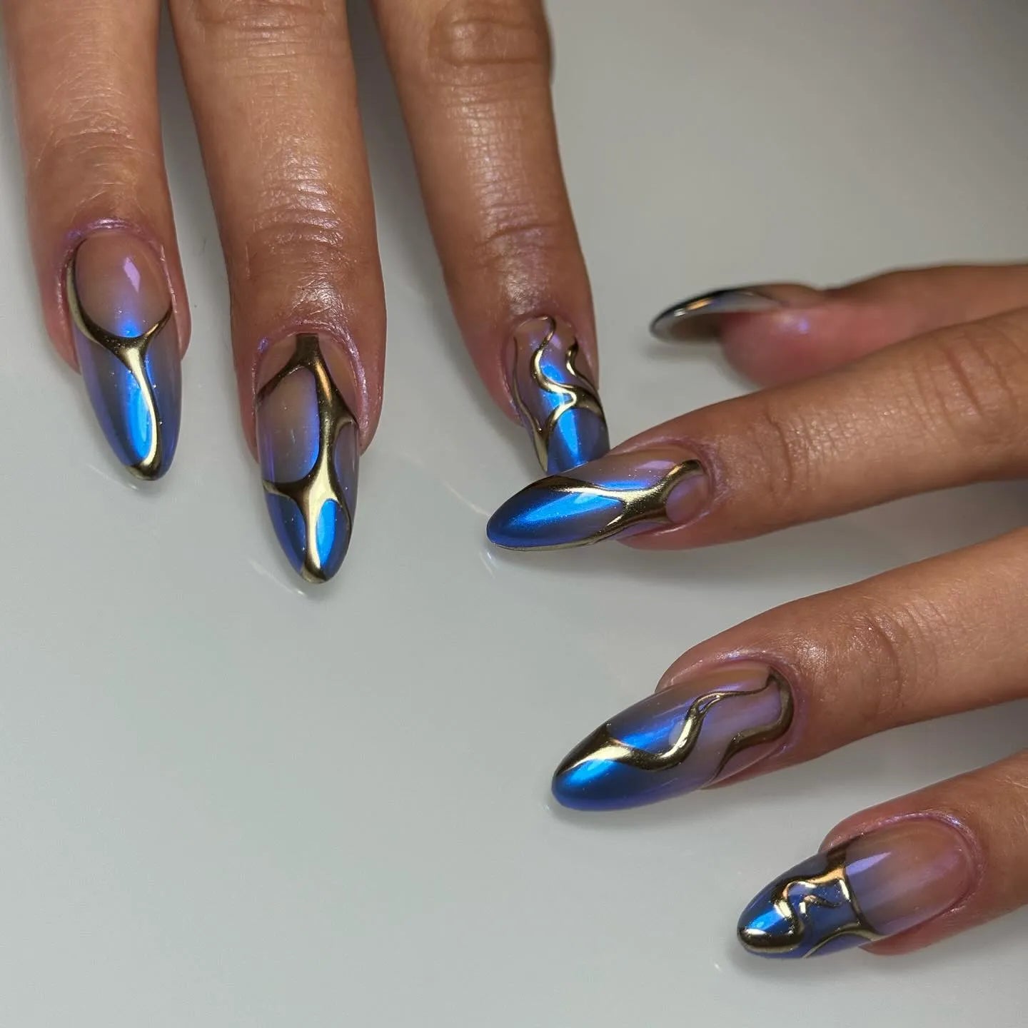 Handmade Blue Chrome Metallic Cyberpunk Aura Abstract Press on Nails T81