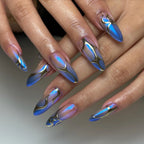 Handmade Blue Chrome Metallic Cyberpunk Aura Abstract Press on Nails T81