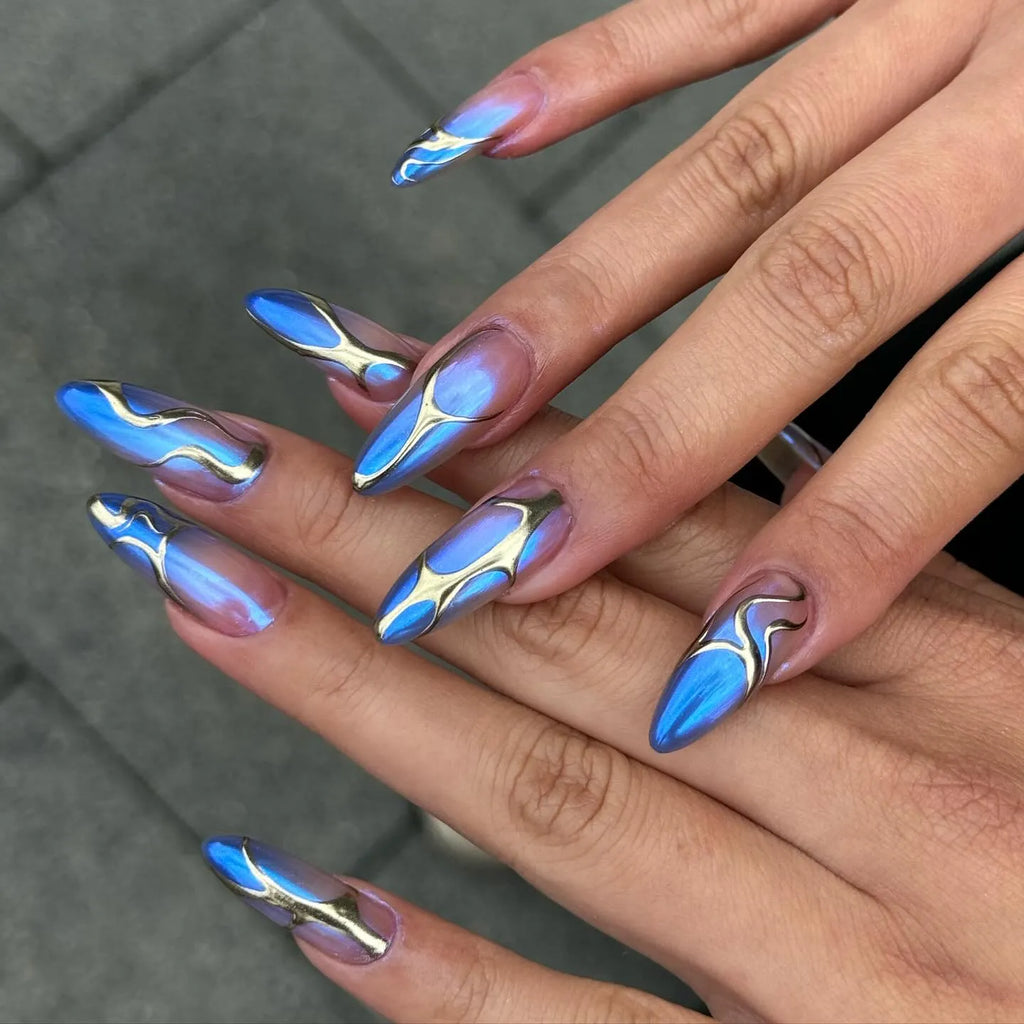Handmade Blue Chrome Metallic Cyberpunk Aura Abstract Press on Nails T81