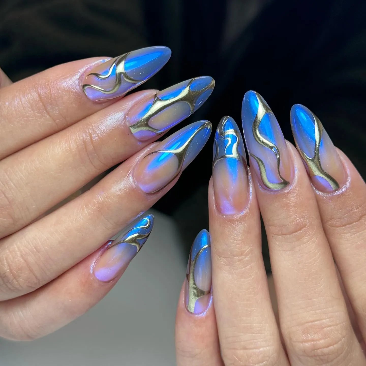 Handmade Blue Chrome Metallic Cyberpunk Aura Abstract Press on Nails T81