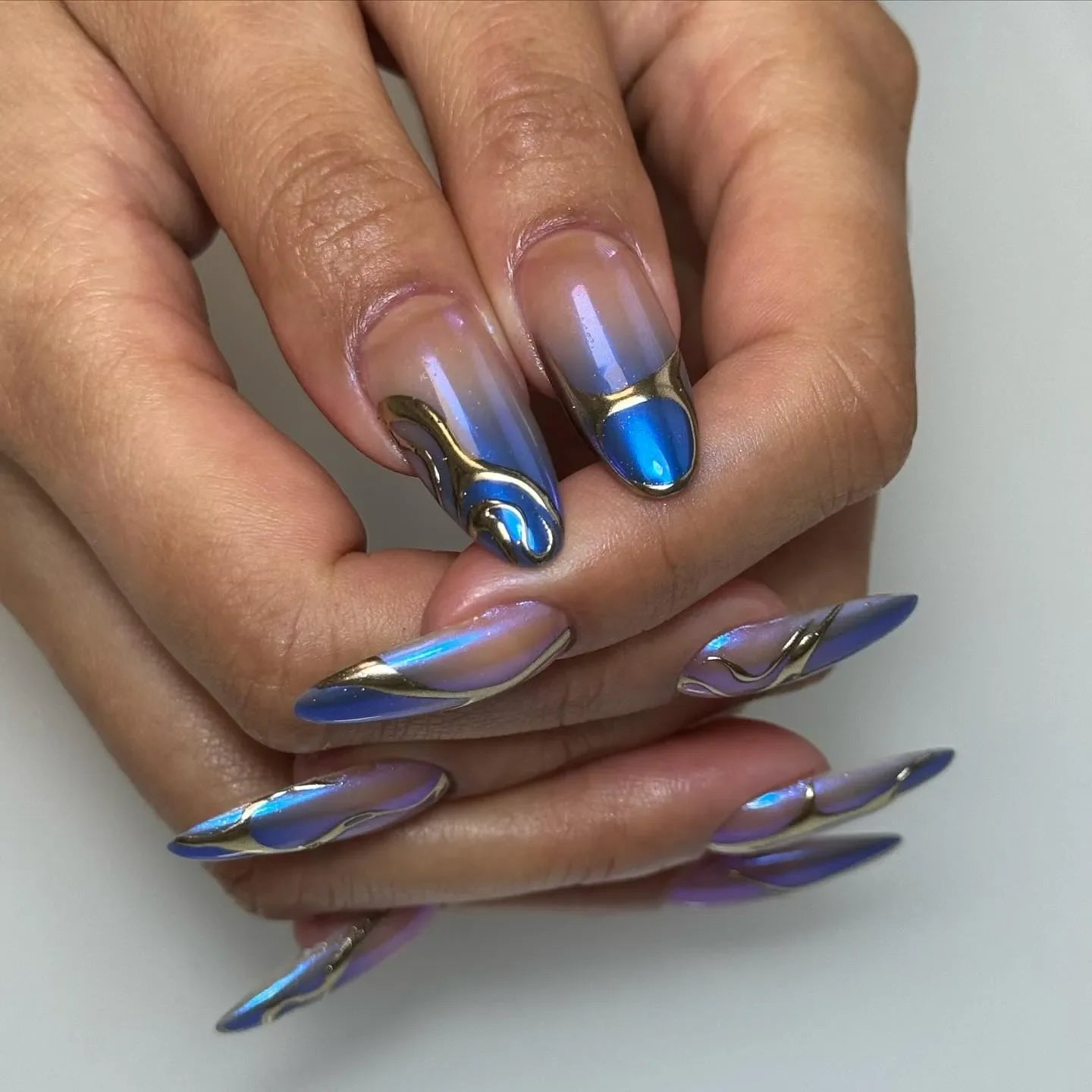 Handmade Blue Chrome Metallic Cyberpunk Aura Abstract Press on Nails T81