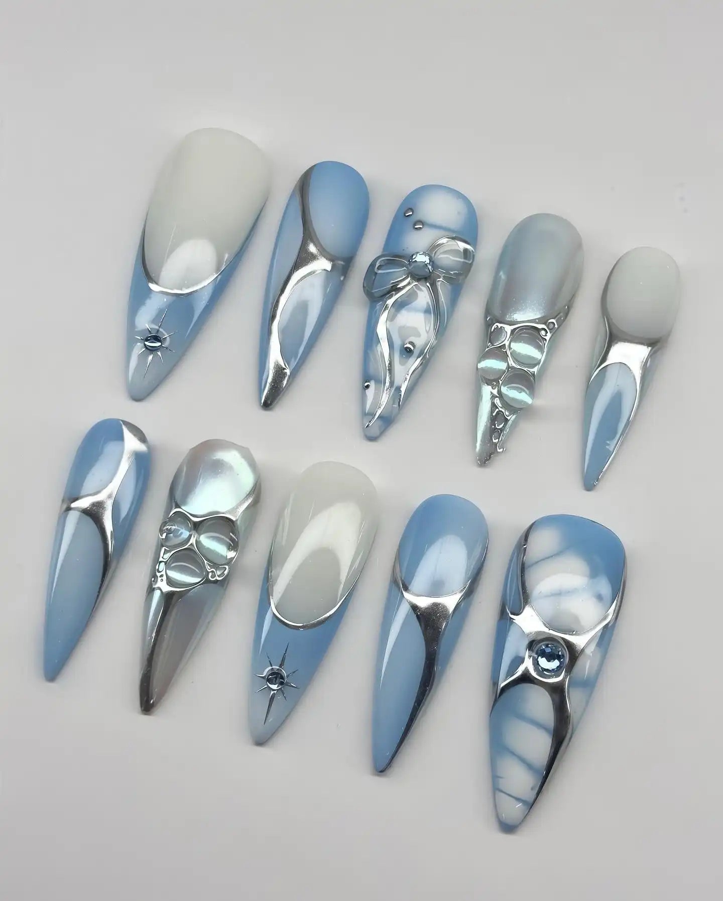 Handmade Blue Chrome Silver Bow Star Charm Fantasy Press on Nails A29