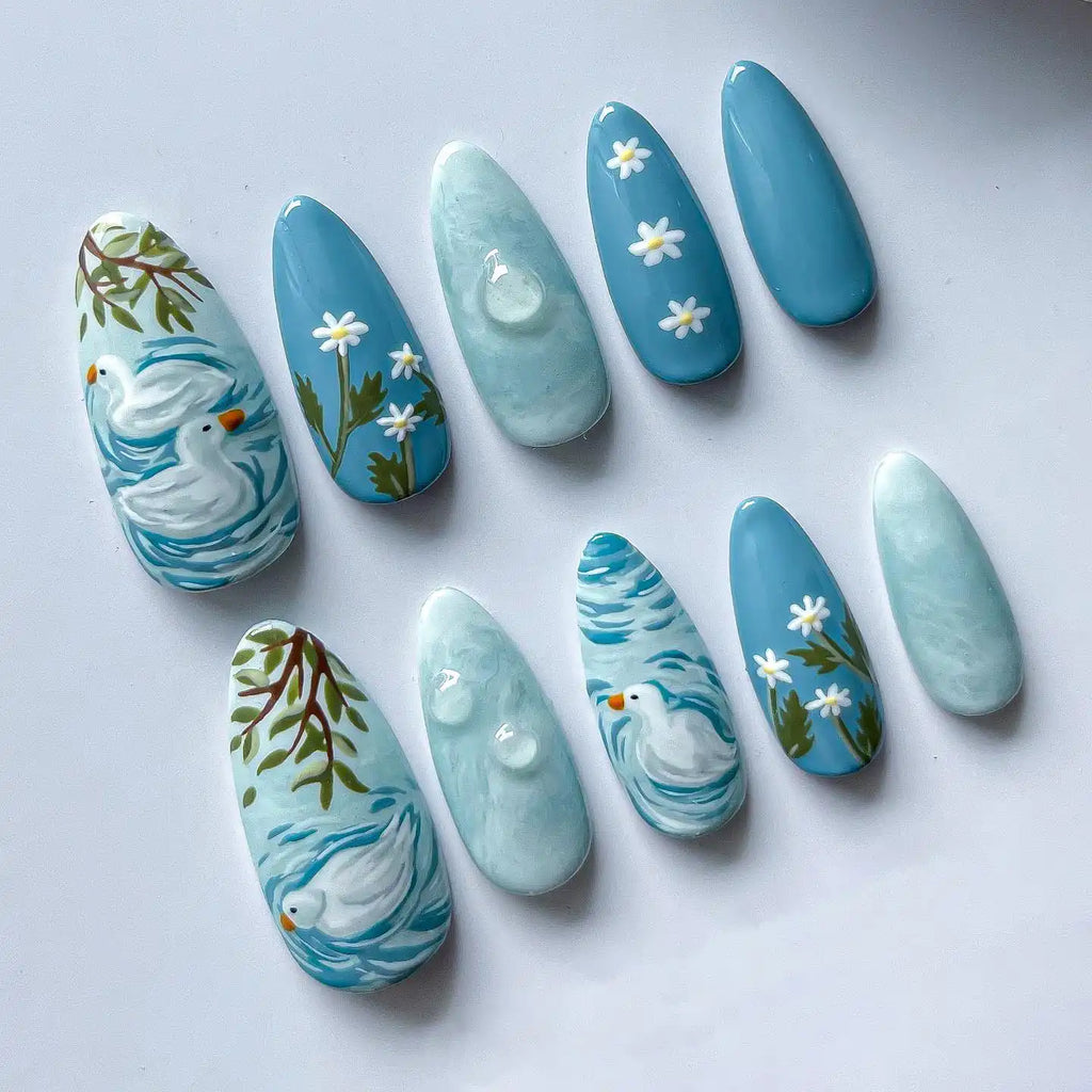 Handmade Blue Duck Pond and Daisies Spring Art Press on Nails E05