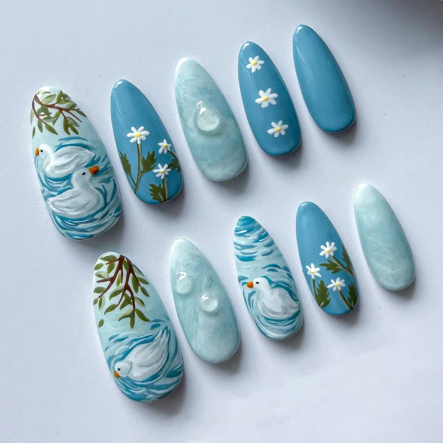 Handmade Blue Duck Pond and Daisies Spring Art Press on Nails E05