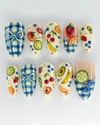 Handmade Blue Gingham Bow & 3D Mixed Fruit Picnic Press on Nails X96