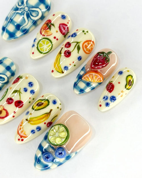 Handmade Blue Gingham Bow & 3D Mixed Fruit Picnic Press on Nails X96