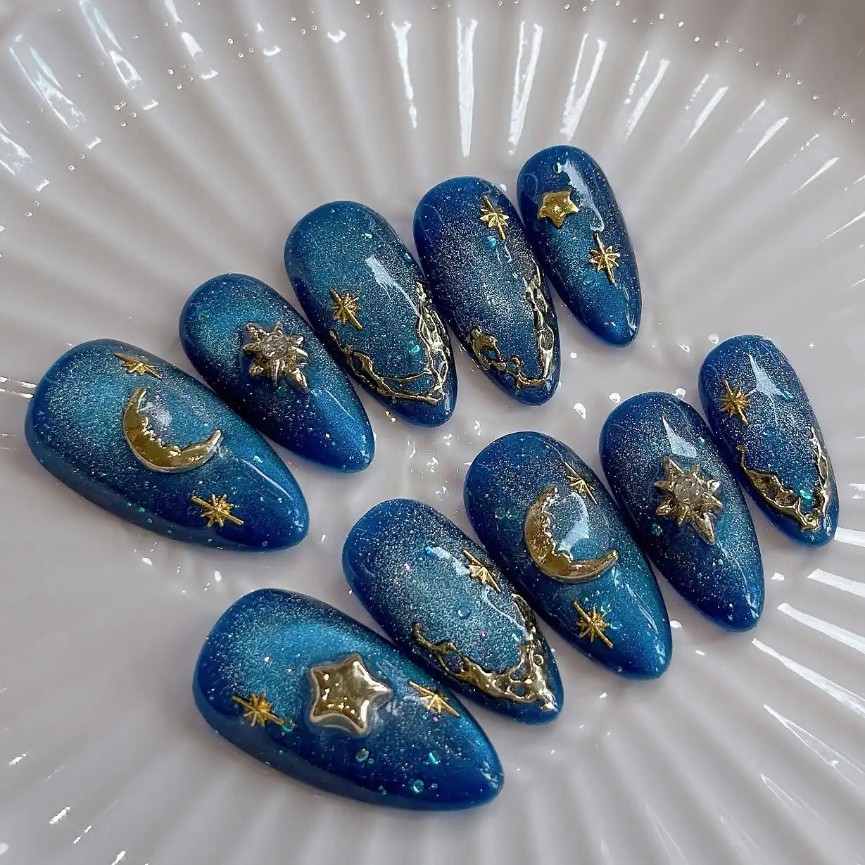 Handmade Blue Glitter Gold Moon Star Celestial Galaxy Press on Nails T75