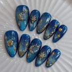 Handmade Blue Glitter Gold Moon Star Celestial Galaxy Press on Nails T75