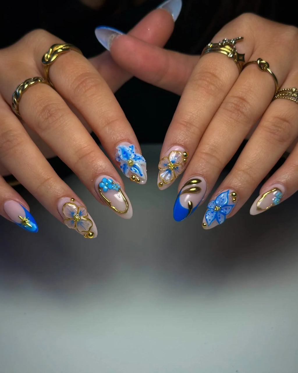 Handmade Blue Gold Floral 3D Art Royal Luxe Bohemian Press on Nails K31