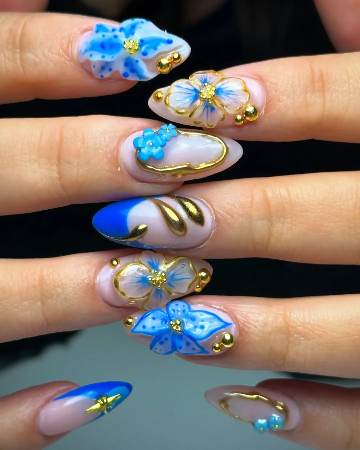 Handmade Blue Gold Floral 3D Art Royal Luxe Bohemian Press on Nails K31