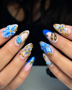 Handmade Blue Gold Floral 3D Art Royal Luxe Bohemian Press on Nails K31