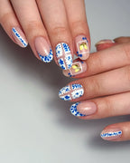 Handmade Blue Tile Lemon French Tip Artistic Press on Nails F30