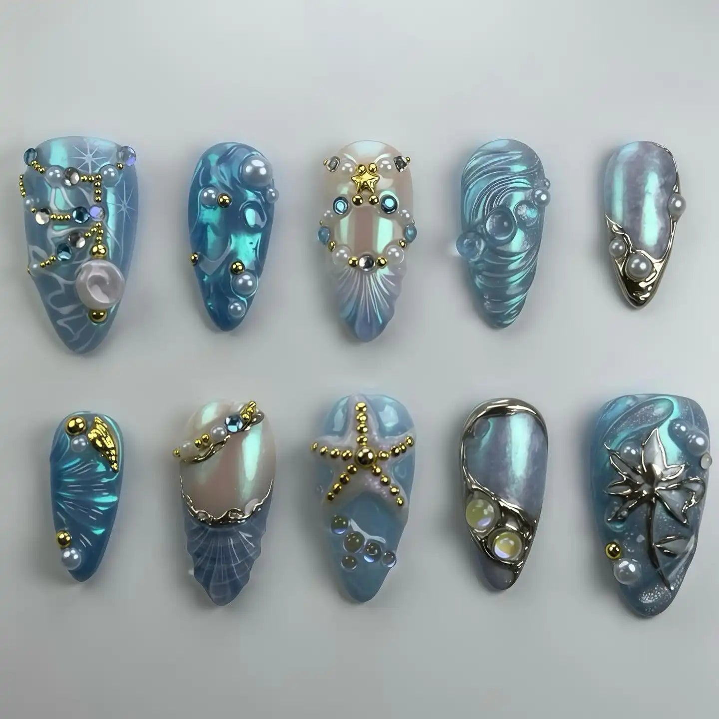 Handmade Blue Pearl Starfish Shell Ocean Fantasy Mermaid Press on Nails U78