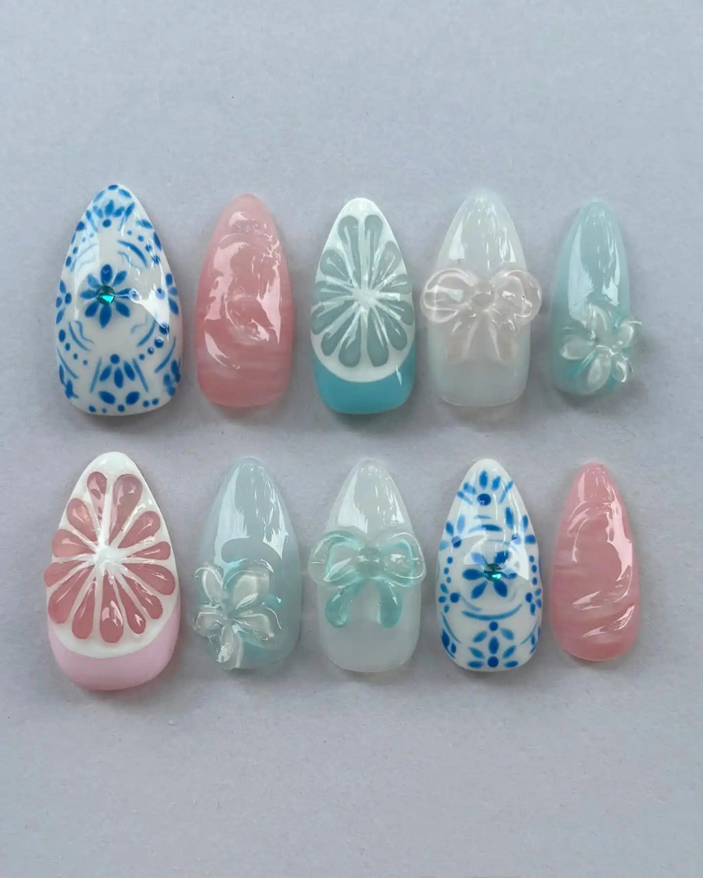 Handmade Blue Porcelain Floral Bow Citrus Pastel Summer Press on Nails O72