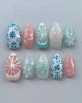 Handmade Blue Porcelain Floral Bow Citrus Pastel Summer Press on Nails O72