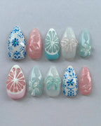 Handmade Blue Porcelain Floral Bow Citrus Pastel Summer Press on Nails O72