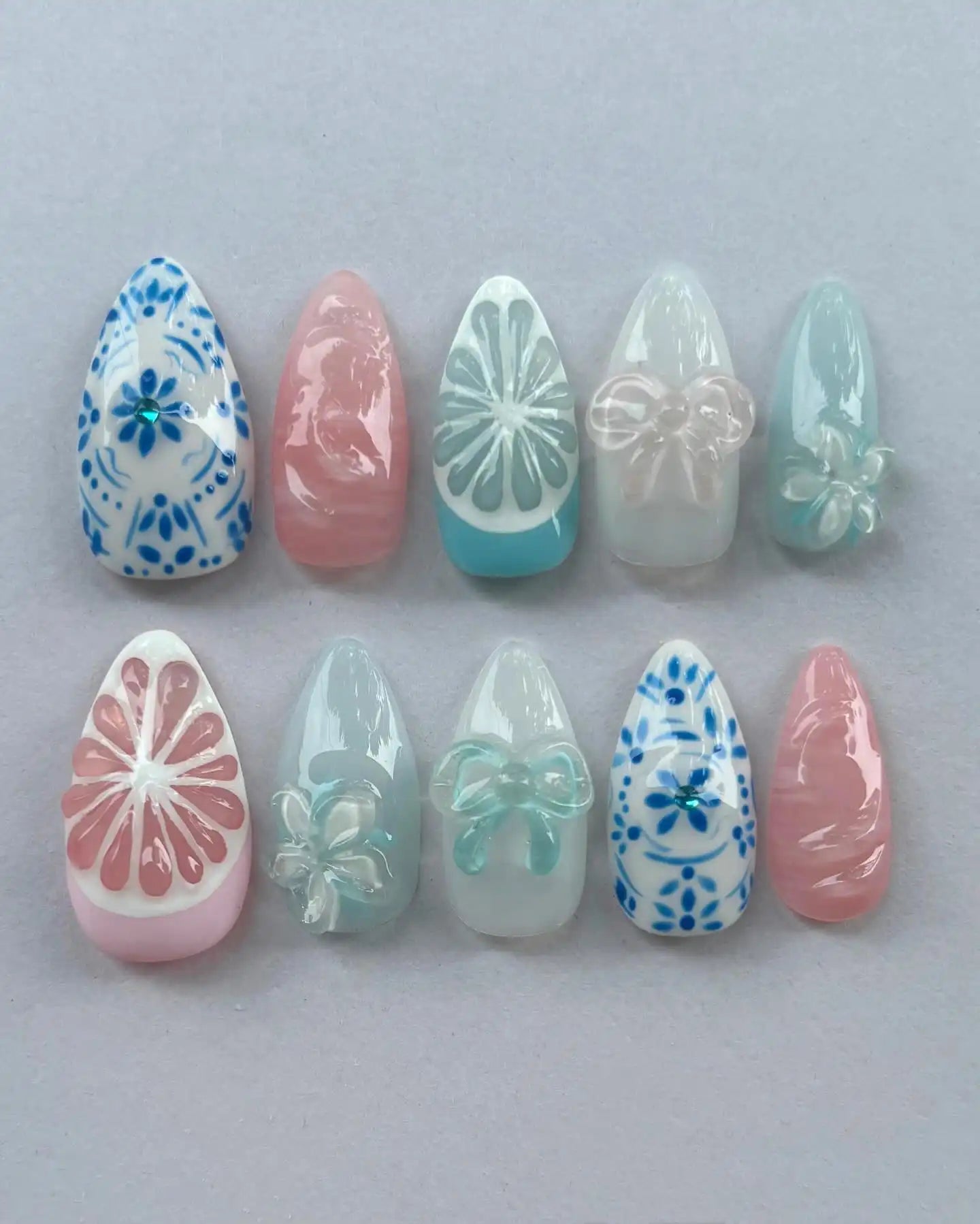 Handmade Blue Porcelain Floral Bow Citrus Pastel Summer Press on Nails O72