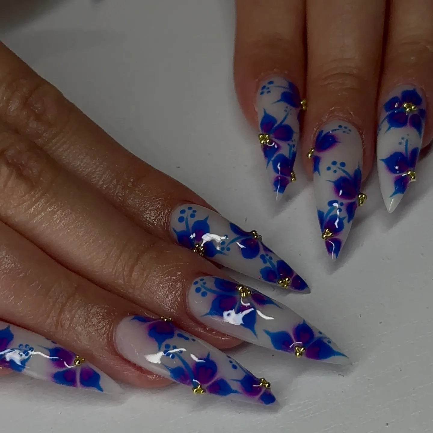 Handmade Blue Purple Watercolor Floral Fantasy Artistic Press on Nails M63