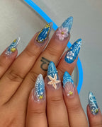 Handmade Blue Shell Flower Starfish 3D Ocean Summer Press on Nails C07