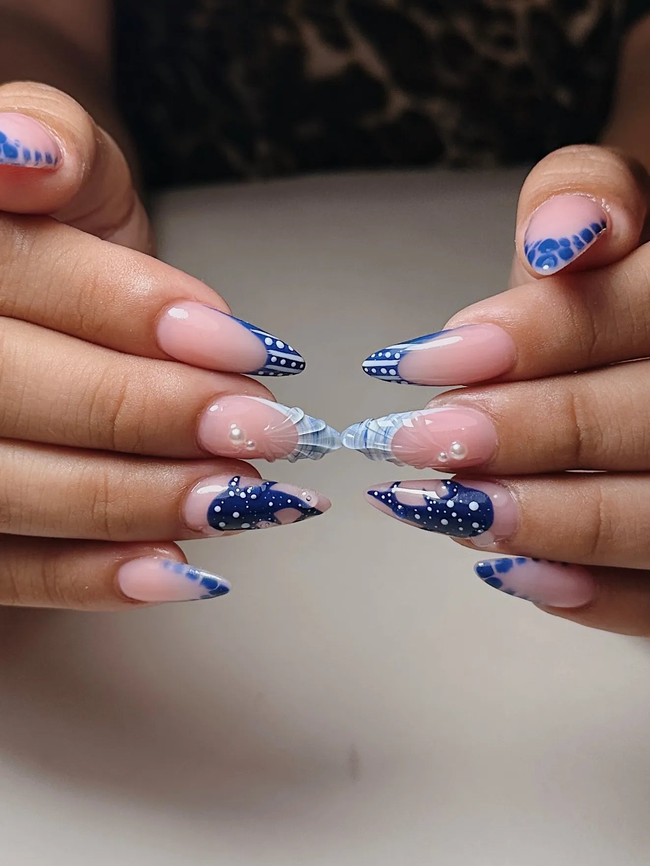 Handmade Blue Whale Shark 3D Seashell Pearl Nautical Press on Nails Y95