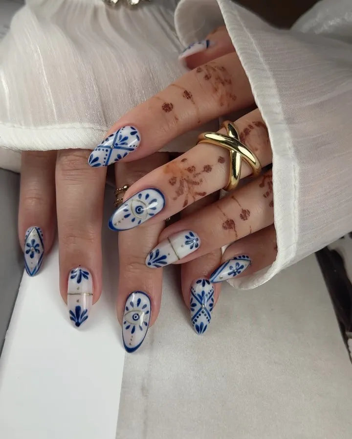 Handmade Blue White Portuguese Azulejo Tile Evil Eye Gold Accent Fake Nails K30