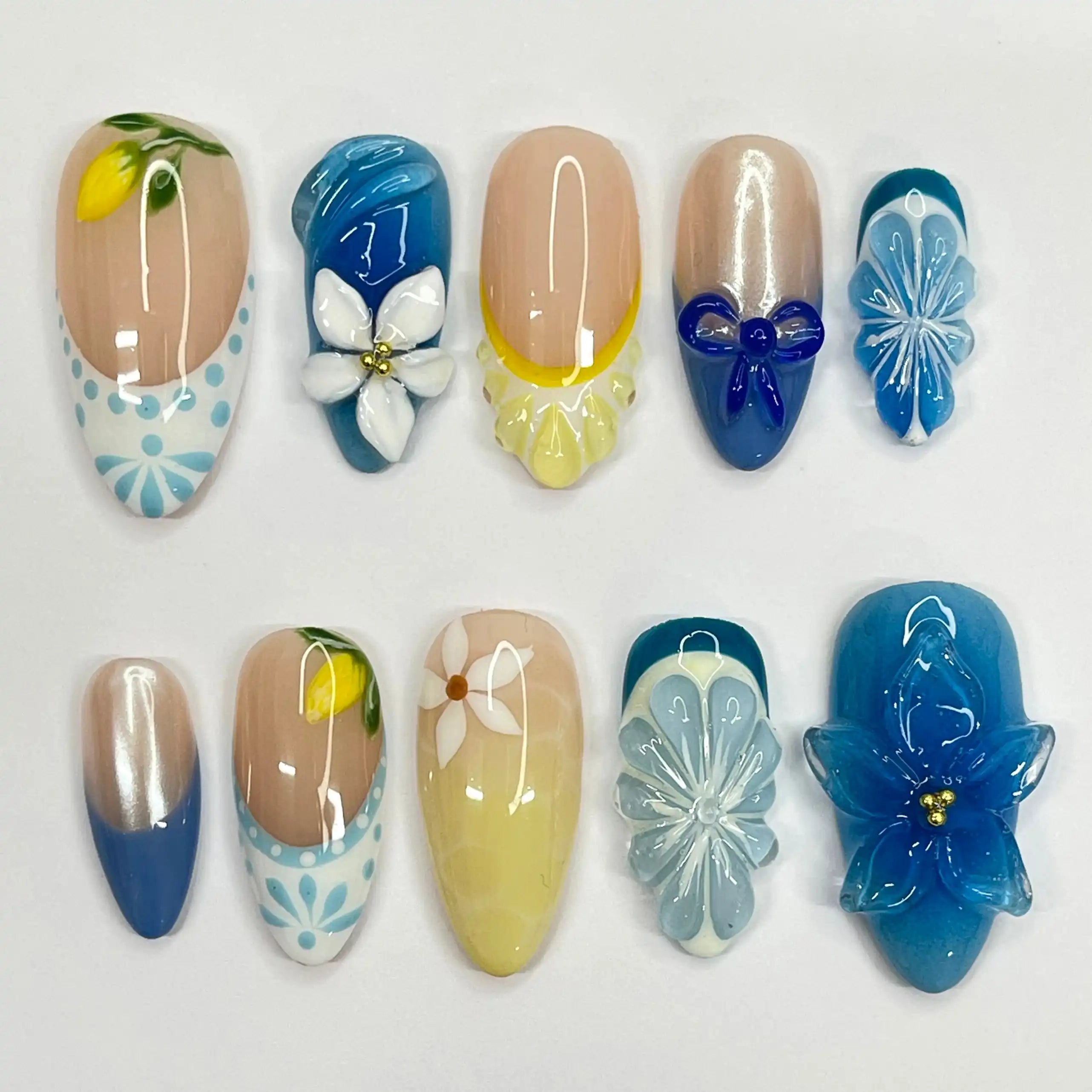 Handmade Blue Yellow Lemon Floral 3D Summer Garden Press on Nails B54