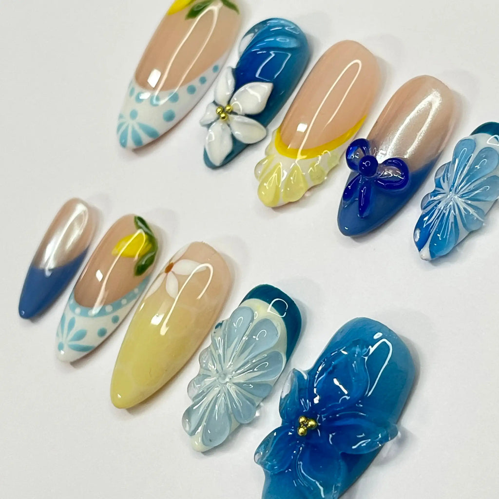 Handmade Blue Yellow Lemon Floral 3D Summer Garden Press on Nails B54