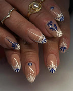 Handmade Blue and White Floral Dot Glossy Art Press on Nails N24