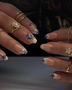Handmade Blue and White Floral Dot Glossy Art Press on Nails N24