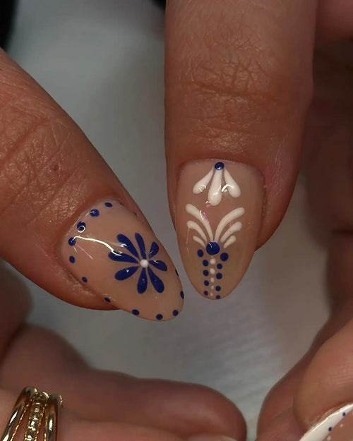 Handmade Blue and White Floral Dot Glossy Art Press on Nails N24