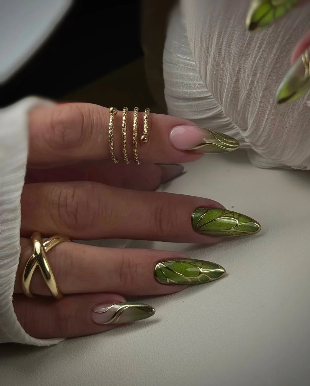 Handmade Bold Green Beetle Wings Gold Chrome Accent Nature Art Press on Nails P29